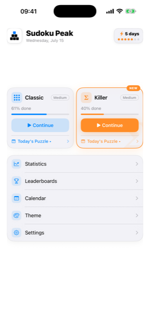 Home screen — Classic and Killer modes with your daily streak